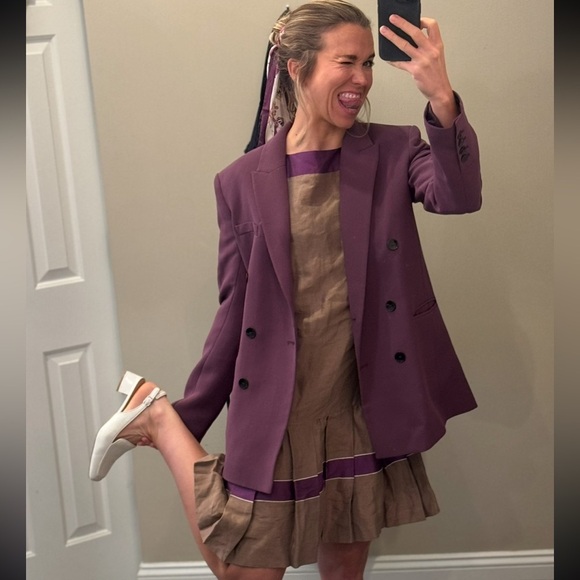 MaxMara Studio Khaki Purple Drop Waist Ruffled Prep Linen Dress Size 6 - Picture 1 of 7